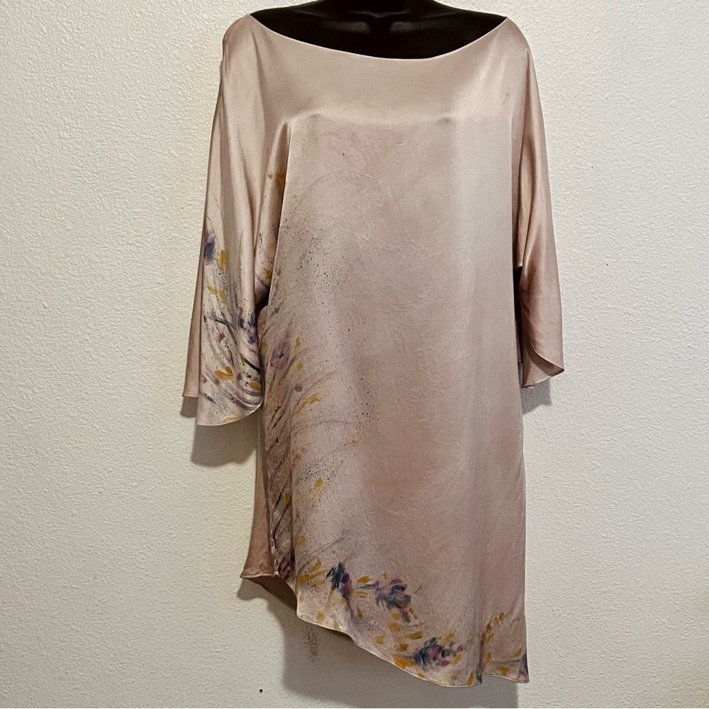 Boho 100% Silk Pink Scoop Neck Fairy Butterfly Sleeve Asymmetrical Mini Dress XS
